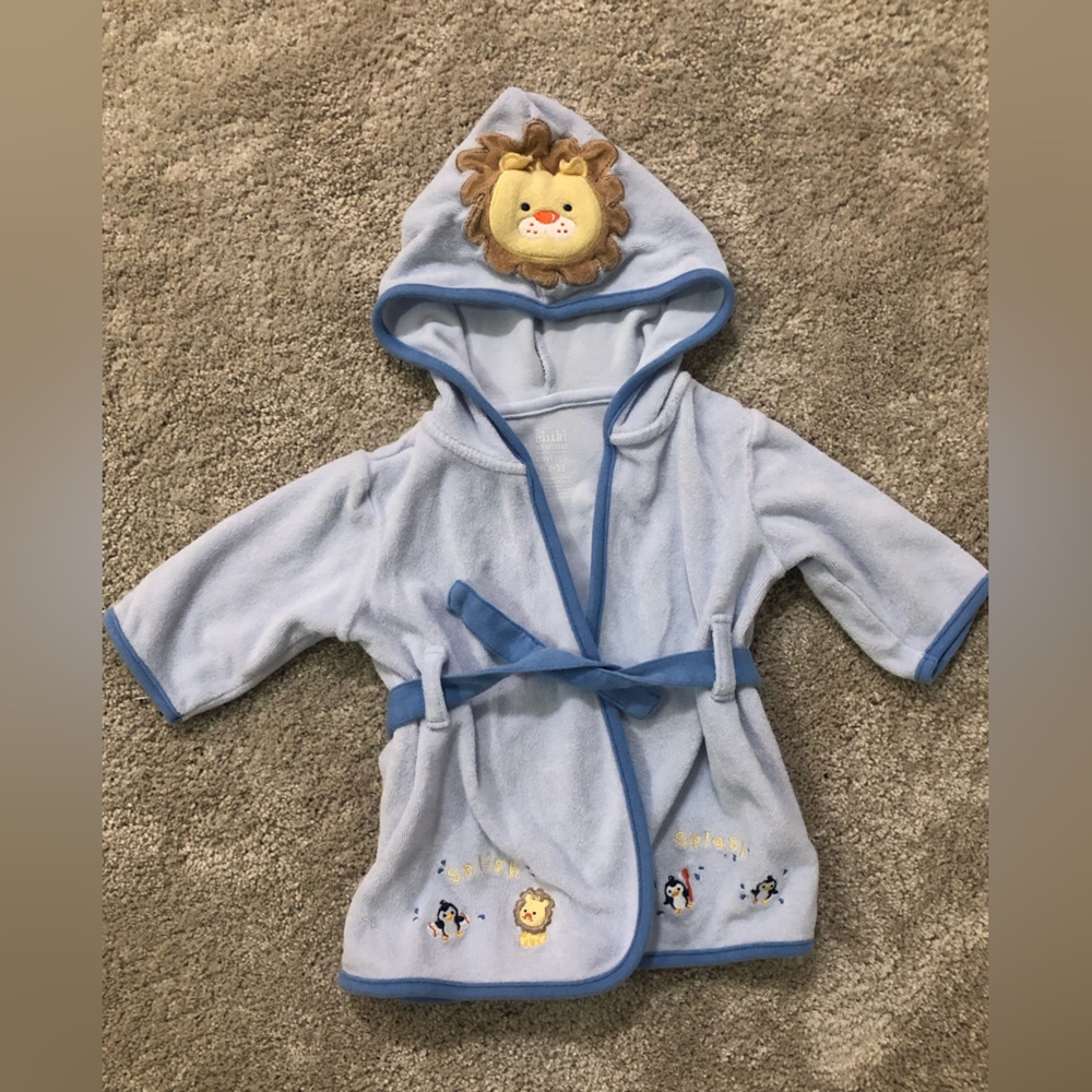 4/$20 Carters Blue Baby Terrycloth Bathrobe Lions Jungle Animals Sz 0-9mo